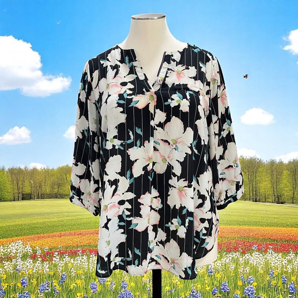 Sami And Jo Plus Floral Blouse Black Pink‎ White 2X Spring Top Lightweight